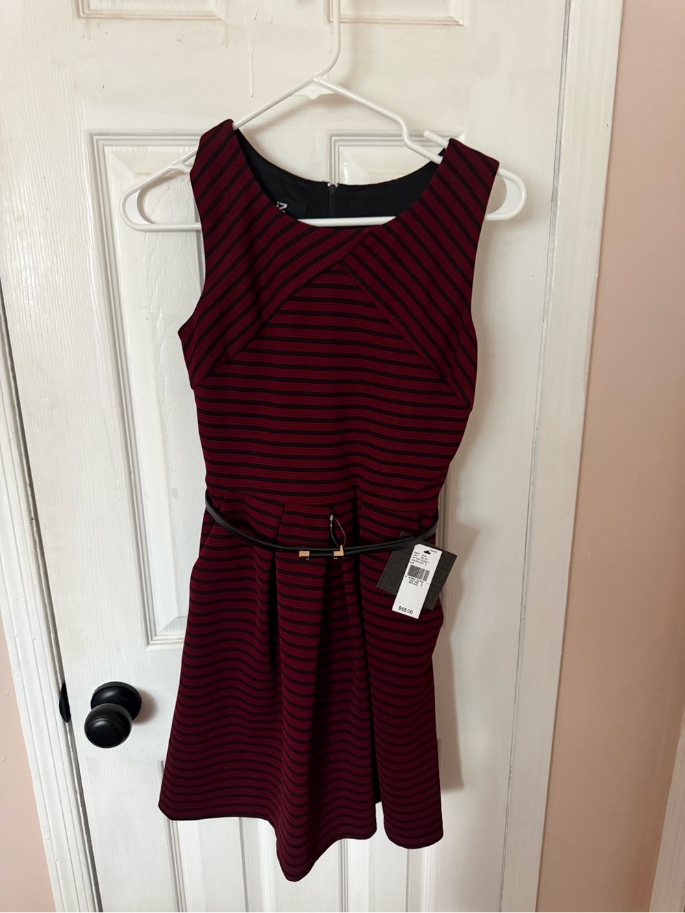 IZ Byer Sleeveless Burgundy and Black Striped Fit & Flare Dress NWT
